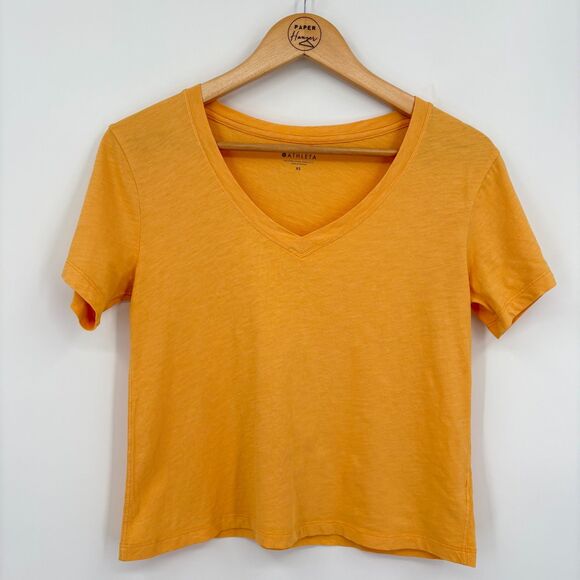 Athleta Tops - Athleta Organic Daily Crop V-Neck Tee, Sz XS, Tuscan Gold Boxy Workout Cotton